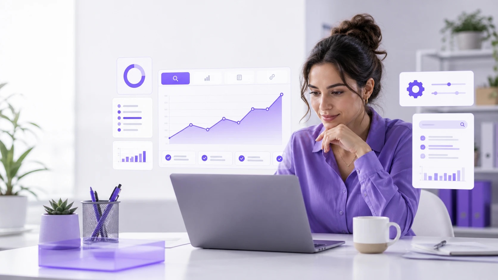 Editorial visualization of AI SEO tools for small businesses