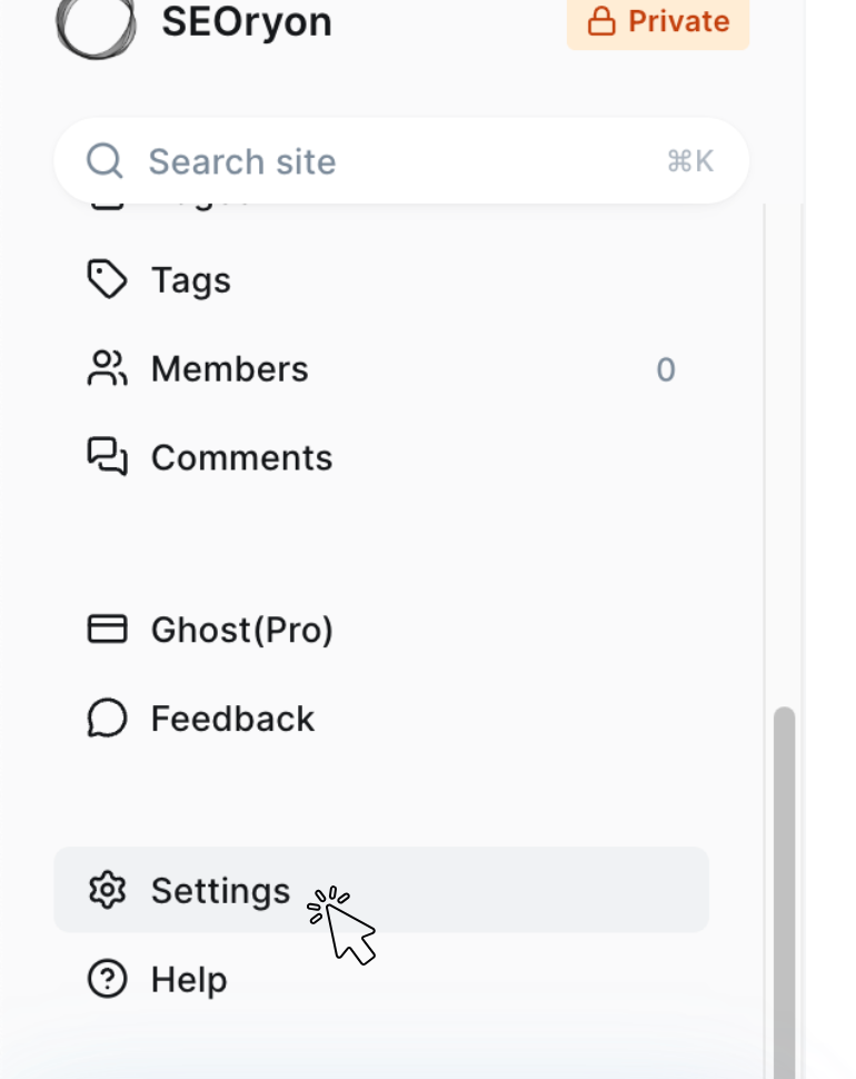 Die Seitenleiste des Ghost-Adminbereichs mit hervorgehobenem Settings-Zahnrad