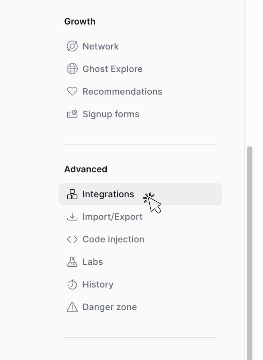 Die Ghost-Einstellungen-Seitenleiste mit hervorgehobenem Advanced, Integrations
