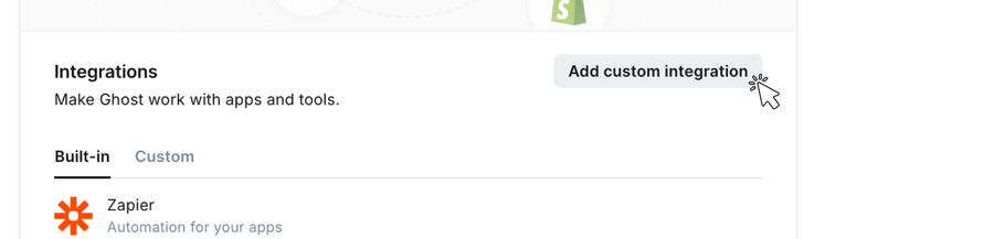 Der Ghost-Bildschirm Integrations mit der Schaltfläche Add custom integration