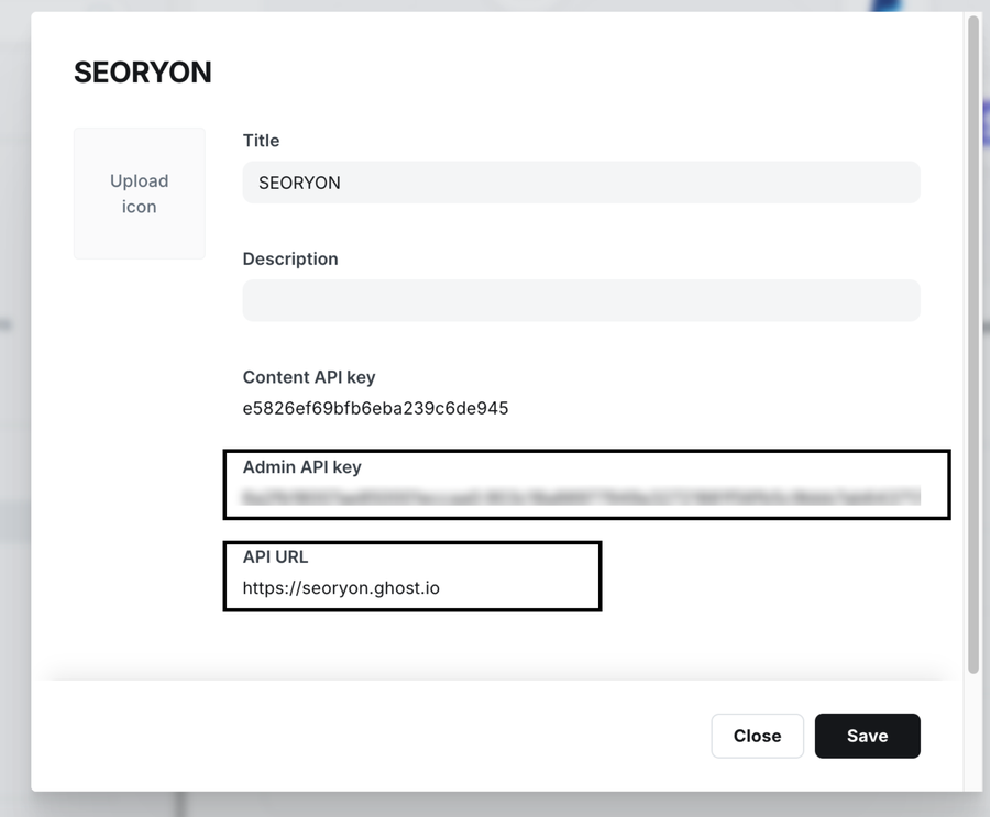 Der Ghost-Bildschirm für die Custom Integration mit Content API key, Admin API key und API URL