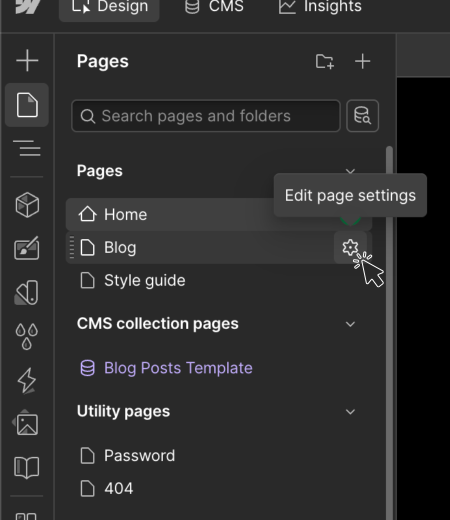 Das Webflow-Pages-Panel mit dem Zahnrad Edit page settings auf der Blog-Seite