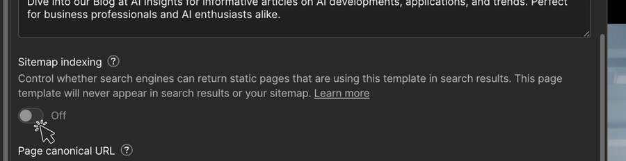 Der Schalter Sitemap indexing in den Webflow-Seiteneinstellungen, ausgeschaltet