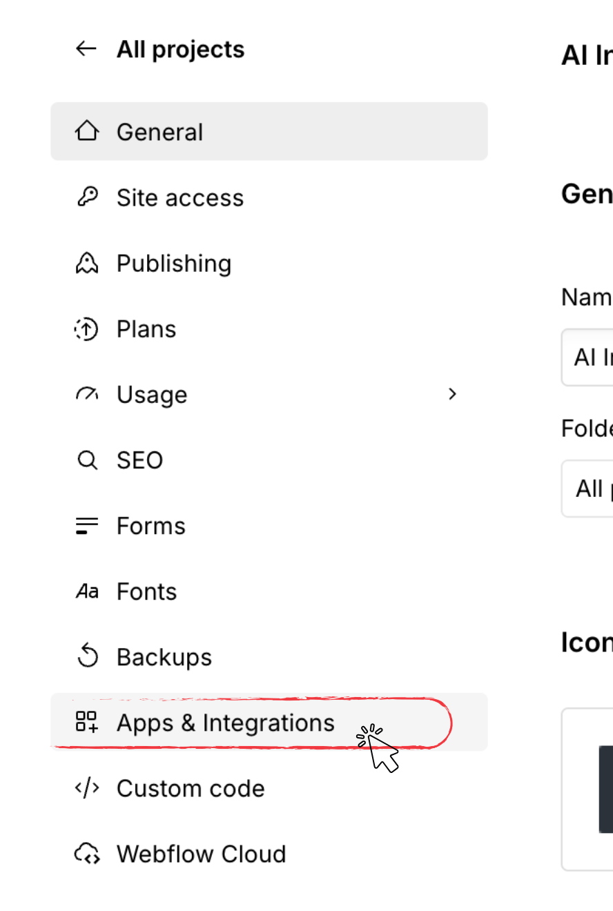 Die Seitenleiste der Webflow Site settings mit hervorgehobenem Apps & Integrations