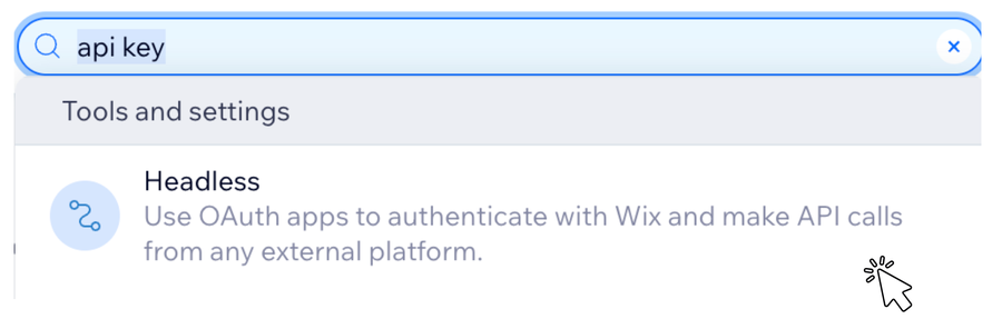 Die Wix-Suchleiste mit dem Ergebnis Headless für die Suche api key