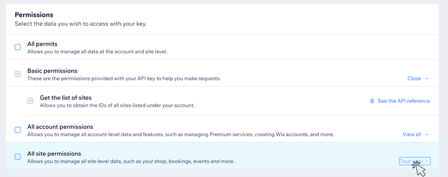 Die Wix-Berechtigungsliste mit aufgeklapptem All site permissions