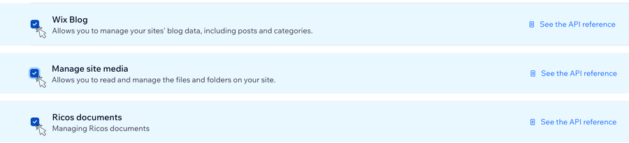 Die drei aktivierten Wix-Berechtigungen: Wix Blog, Manage site media, Ricos documents
