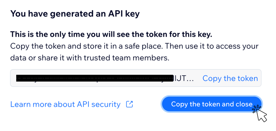 Der Wix-Dialog, der die Erstellung des API-Keys bestätigt, mit der Kopieren-Schaltfläche