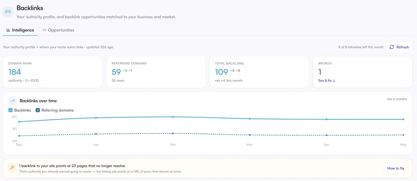Ein Domain-Autoritätsprofil: Domain Rank, verweisende Domains, Gesamtzahl der Backlinks, ein Alarm für defekte Links mit Lösungsvorschlag und ein 6-Monats-Trenddiagramm.