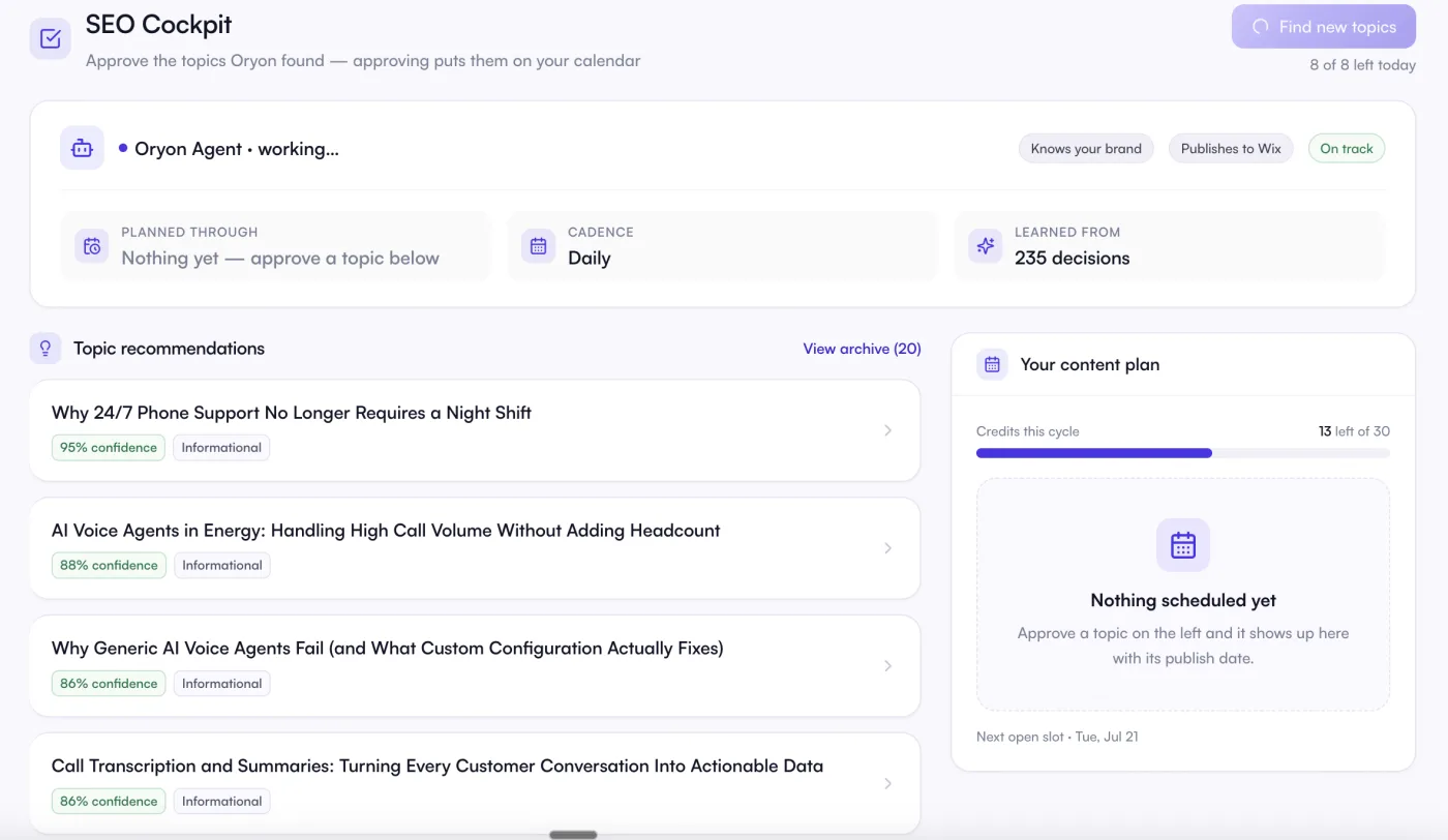 Das SEO-Cockpit-Dashboard: der Status des Oryon-Agenten, Rhythmus und gelernte Entscheidungen, eine Liste von Themenempfehlungen mit Konfidenzwerten und der Content-Plan mit verbleibenden Credits und dem nächsten freien Slot.