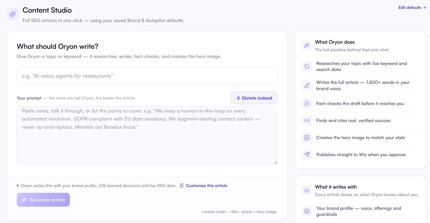 L'écran de génération du Content Studio d'Oryon : un champ de prompt pour le sujet de l'article, et un panneau « Ce qu'Oryon fait » listant la recherche, la rédaction, le fact-checking, les sources, la création de l'image principale et la publication.